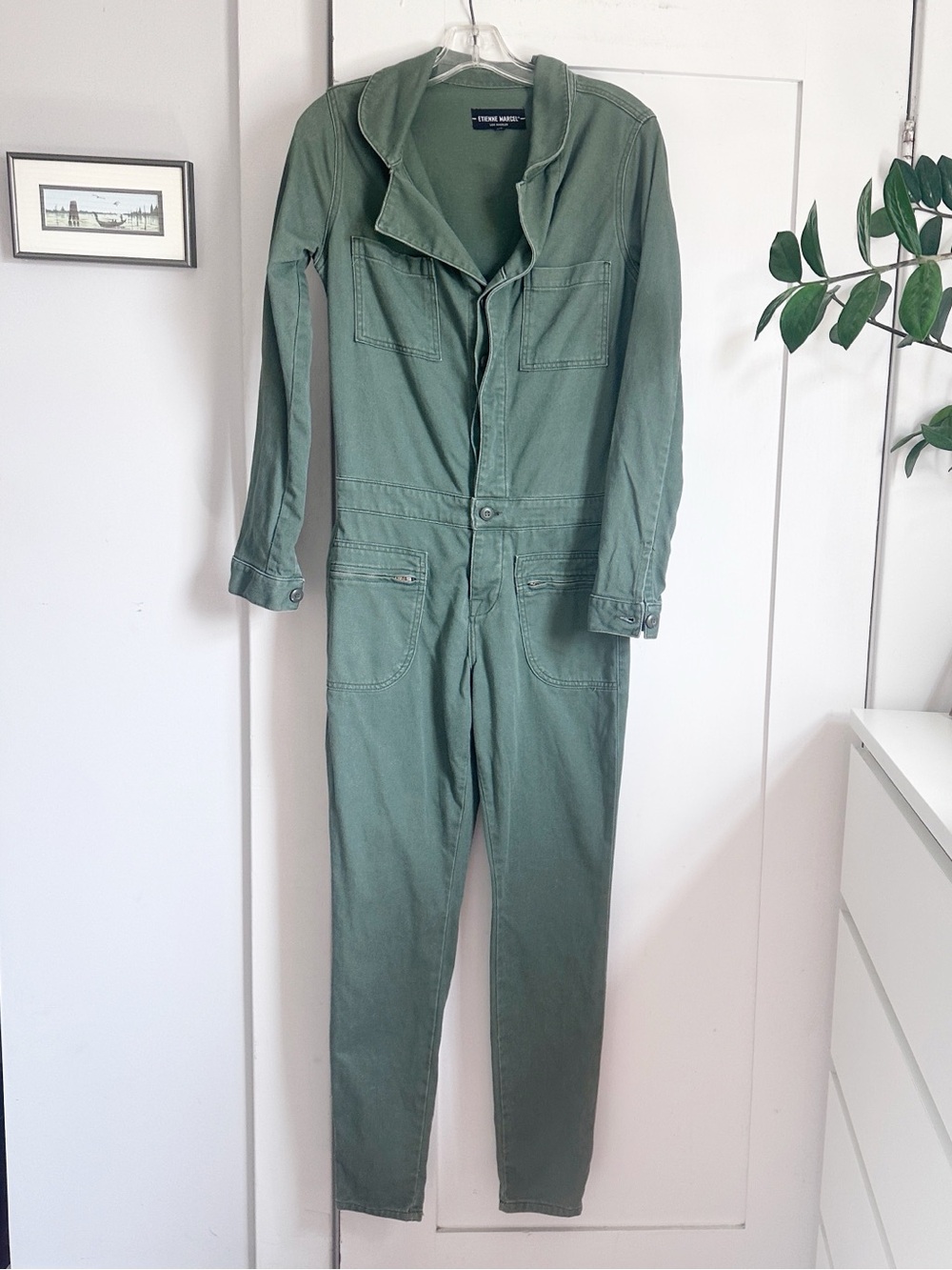 Etienne Marcel Olive Green Canvas Jumpsuit XS | Utility Chic Slim Leg